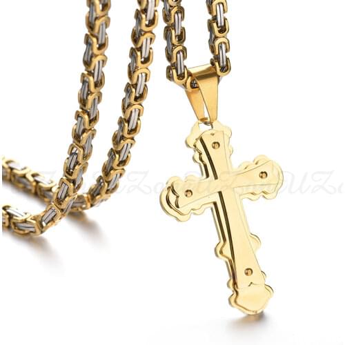 UZone Big Jesus Cross Pendant Necklaces Stainless Steel Thick Link Byzantine Chain for Men Jewelry Christmas Amulet
