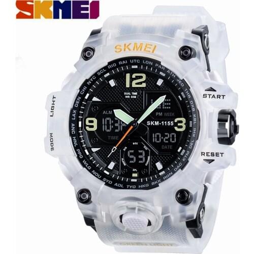 SKMEI Transparent White Sport Men Watch Quartz Analog Dual Time Luminous Display 50M Waterproof Military Watch relogio masculino