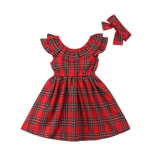 Baby Girls Kids Plaid Princess Christmas Sleeveless Pageant Party Backless Bowknot Dresses +Headwear Clothes Sundress