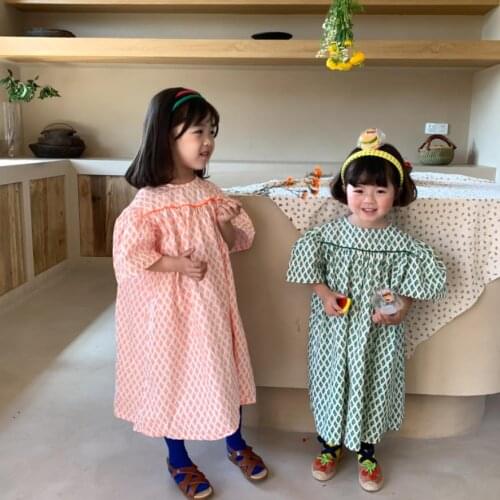 Girl Korea style dress 2021 summer new vintage Puff Sleeve dress children sweet dress sisters clothes 1-10 years wz166 wholesale