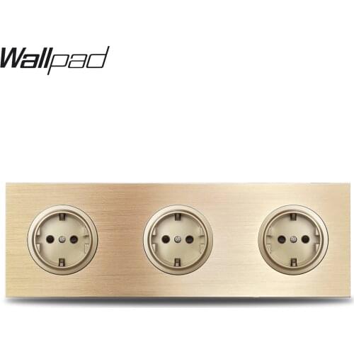 Wallpad L6 Gold Triple 3 Way German Schuko EU Electric Power Outlet Wall Socket Gold Brushed Aluminum Metal Panel, 258*86mm