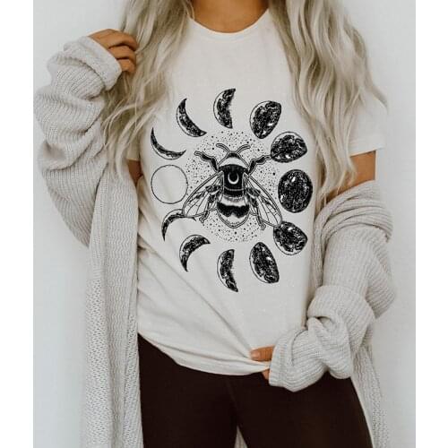 Moon Phases Bee T-Shirt Womens Vintage Fashion Boho Style Tee Cute Bee Shirt Hipsters Mystical Moon Celestial Tshirt