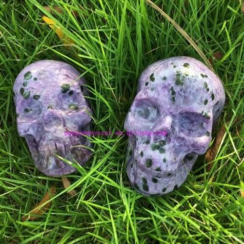 Natural Charoite Carved Crystal Skull Quartz Figurine Healing Crystal Feng Shui Meditation Witchcraft Skull Decor Halloween Gift