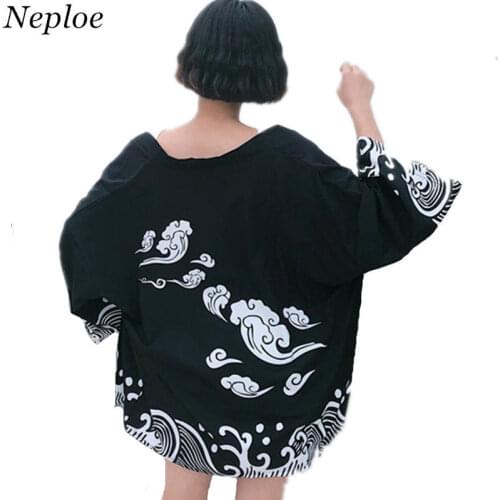 Neploe Tradition Yukata Black Kimono Women Cardigan Harajuku Sun Protection Blouse 2020 Summer Wave Print Shirt Loose Tops 35348