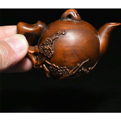 Chinese Boxwood Carved Plum Blossom Teapot Winepot Model Adorn Statue Figurine Statues for Decoration Collection Ornaments