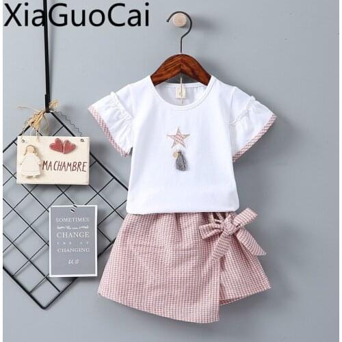 Summer Casual Girls Dress and T-shirts Baby Girls Sets Solid O-neck Kids Summer Sets Casual Children Sets