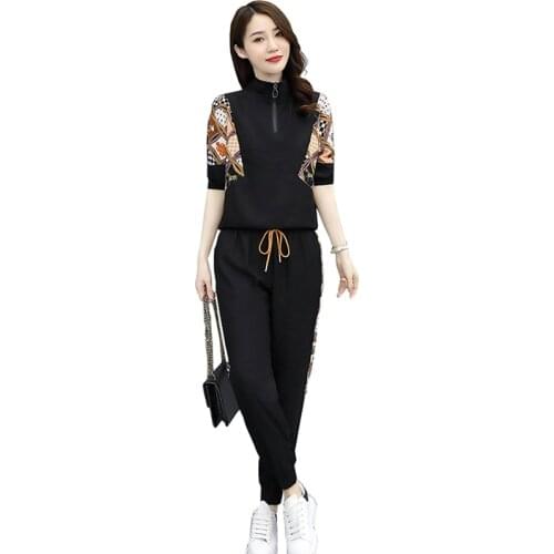2021 Summer Zipper Cardigan Top Trousers up Two-piece Sweet Maiden print Short sleeve Cardigan Top Pants leisure Sports suit