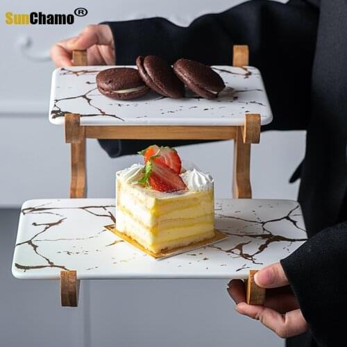 Marbling Ceramic Cake Rack Afternoon Tea Snack Double Wooden Frame Snack Table Decoration Fruit Plate Dessert Plate