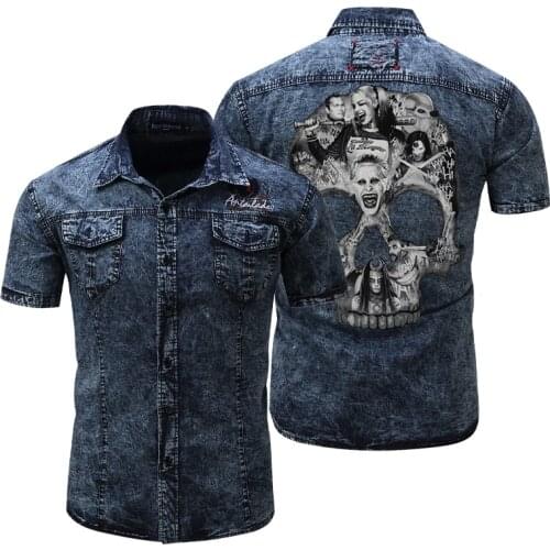 Men Denim Jacket Slim Short Sleeve Shirts Tee Skull Customized Vintage Coat Plus Size Couple Casual Outerwear Dropship