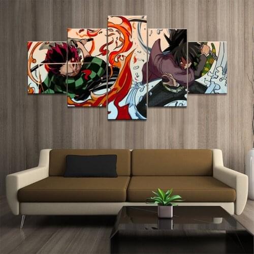 Wall Art Decor Painting 5 Panels Tomioka Giyuu Demon Slayer Kamado Tanjirou Poster HD Anime Boy Picture Home Decoration