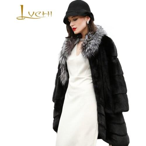 LVCHI Thick warm winter Genuine Leather mink coat Real Fox fur collar women winter clothes parka mink fur coat