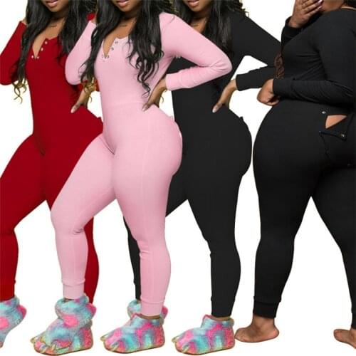 Casual Solid Pajamas Onesies For Adult Women Long Sleeve V Neck Butt Opening Button Design Skinny 2021 Jumpsuit Romper Sleepwear