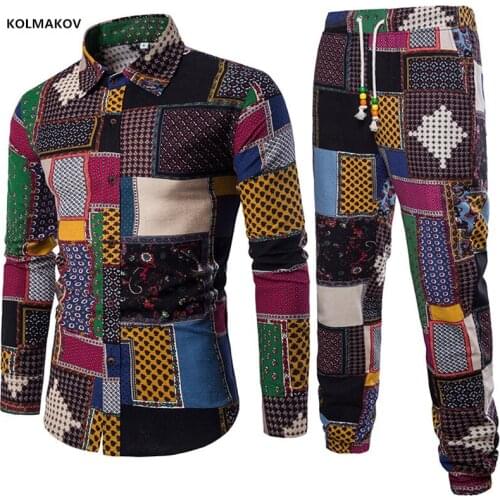 Shirt + Trousers Mens Set 2021 autumn Two-piece Suite Ethnic costumes Fashion shirts mens clothing Casual Male Dress Size M-5XL