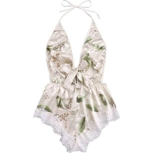 Stylish Bar Sexy Silk Jumpsuit Deep V Halter Sleepwear Women Lace Stain Print Bow Lingerie Backless Pajamas Bodysuit Nightwear