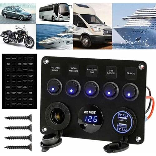 Waterproof Marine Boat LED 5 Rocker Switch USB Voltmeter Power Outlet Panel Automobile Electric Accessories