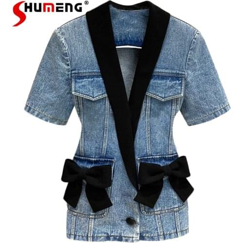 2021 Summer New Fashion Bow V-neck Waist Trimming Denim Coats for Women Graceful Blue Short Sleeve Splicing Jean Jackets Women