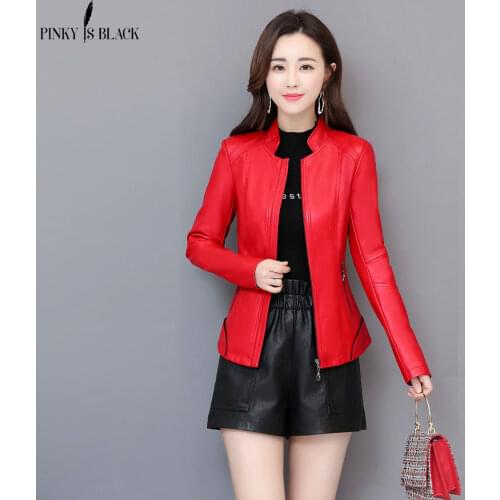 PinkyIsBlack Womens Leather Jacket Casual Short Faux Leather Coat Female Plus Size Spring Autumn Stand Collar Motorcycle Jackets