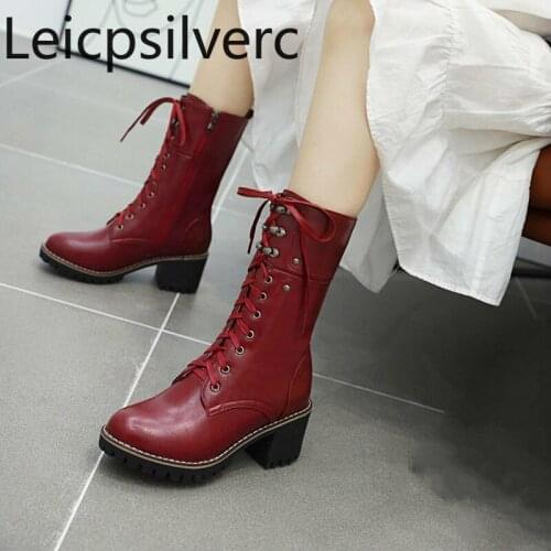 Womens Boots The New winter fashion Round head zipper mid heel Middle tube Martin boots plus size 33-43 Heel Height 6cm black