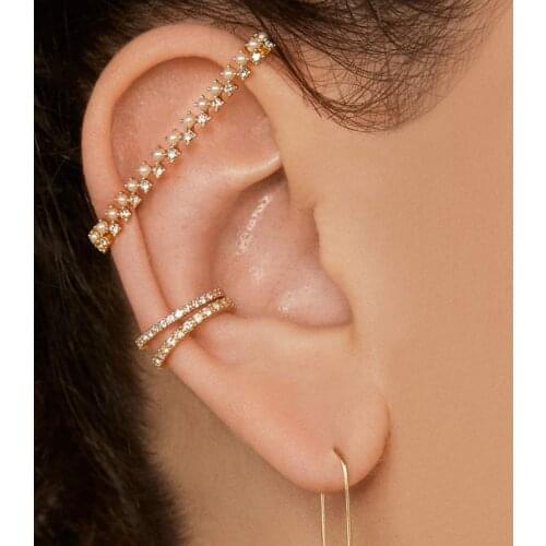 Womens Ear Clip Alloy Pearl Inlaid Diamond Color C-shaped Long Clip Earrings Without Perforation Party Wedding Jewelry