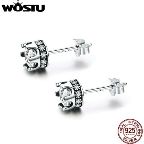 WOSTU 100% 925 Sterling Silver Delicate Crown, Clear CZ Stud Earrings for Women S925 Silver Fine Jewelry Brincos Gift CQE311