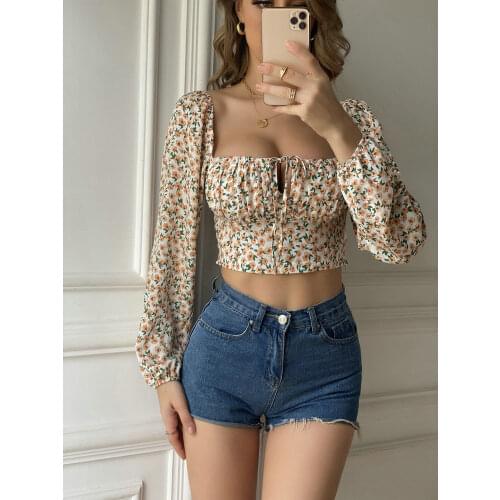 2021 High Street Square Neck Long Sleeve Top Sexy Short Shirt Ladies Harajuku Small Floral Women Retro Ultrashort Shirt Women