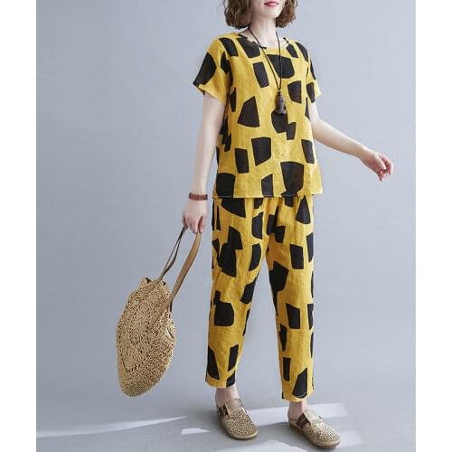 Womens Large Size Tracksuit 2021 Womens Summer New Loose Short Sleeve Tops + Harem Pants Suits Casual Women Two Piece Set L437