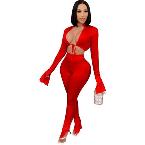 Zoctuo Solid Sexy Two Piece Sets Autumn Winter Petal Sleeve WomenS Set Outfits Cut Out Tops Slit Trousers Set Club Tracksuit