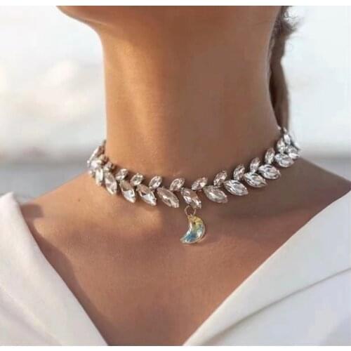 Origin Summer Bling Bling Crystal Leaves Shape Chokers Necklace for Women Rhinestone Silver Color Moon Star Necklace Jewellery