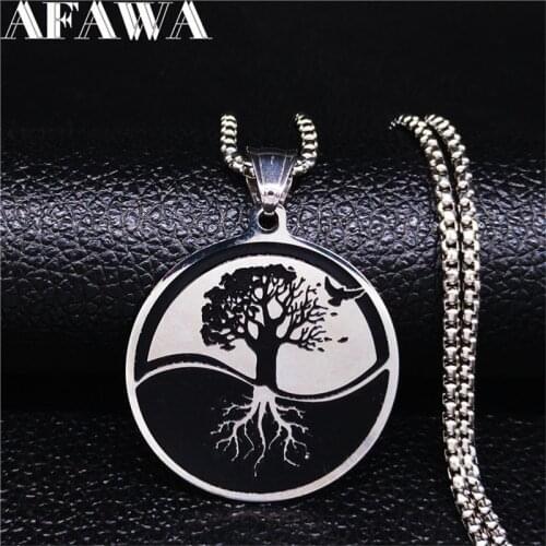 AFAWA Yin Yang Gossip Tree of Life Stainless Steel Statement Necklace Women Silver Color Necklace Jewelry colgantes N4025S01