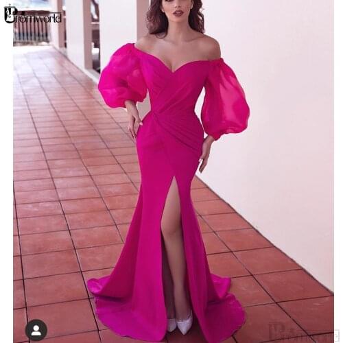 Abendkleider Formal Party Prom Dress Fuchsia Dubai Long Sleeve Mermaid Evening Gowns Elegant Slit Muslim Evening Dresses 2020