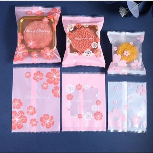 100Pcs Moon Cake Plastic Packaging Bags Sweet Cherry Blossom Floral Print Hot Seal Thick Cookie Biscuit Candy Container