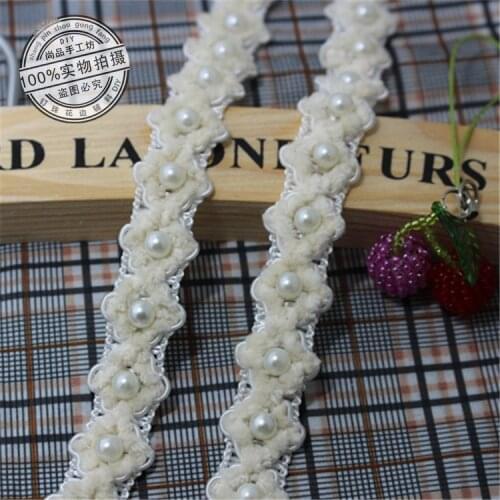 5Yards Beige Cotton Beaded Lace Pearl Trims Skirt Cuff Doll Diy Handmade Wedding Dress Decoration Lace Collar Fabric