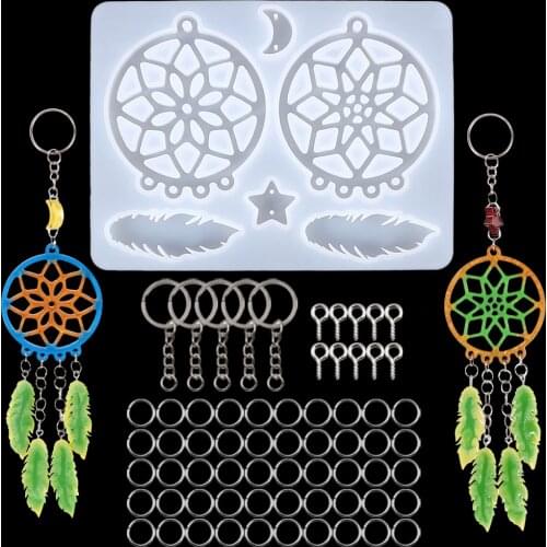 66Pcs Dream Catcher Keychain Casting Tools Set Silicone Mold with Key Rings Screw Eye Pins DIY Pendant Jewelry Craft Lovers Gift