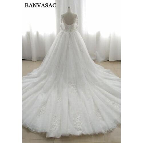 BANVASAC 2018 V Neck Ball Gown Half Sleeve Wedding Dresses Lace Appliques Plus Size Chapel Train Bridal Gowns Real Photos