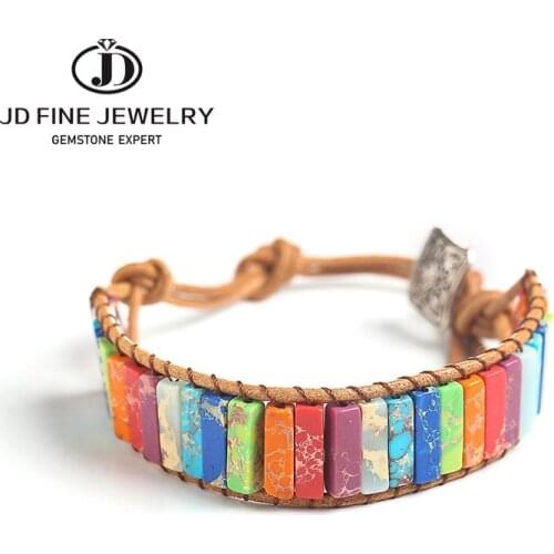 JD Handmade 7 Chakra Natural Tube Beads Emperor Stone Bracelet Leather Wrap Pierre Nature Bangle for Women Men Jewelry Bracelet