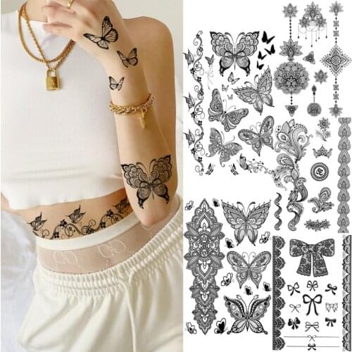 Black Lace Arm Butterfly Temporary Tattoos For Women Adult Mandala Bow Pendant Henna Fake Tattoos Body Art Washable Tatoos Decal