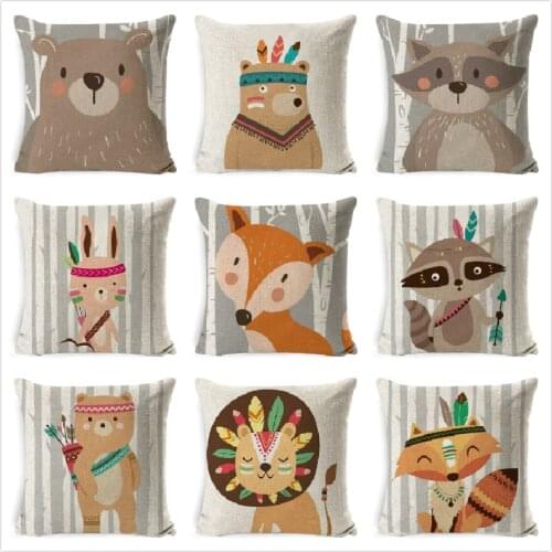 Tribe Woodland Animal Cushion Cover Bear Fox Print Linen Pillow Case Decorative For Chair Sofa Home Decor Throw Pillowcase