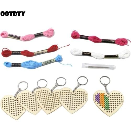 Wooden Cross Stitch Heart Embroidery Keychain Ring with Wool Thread DIY Craft Kit Clothing Bag Decor for Adult Kids Beginner