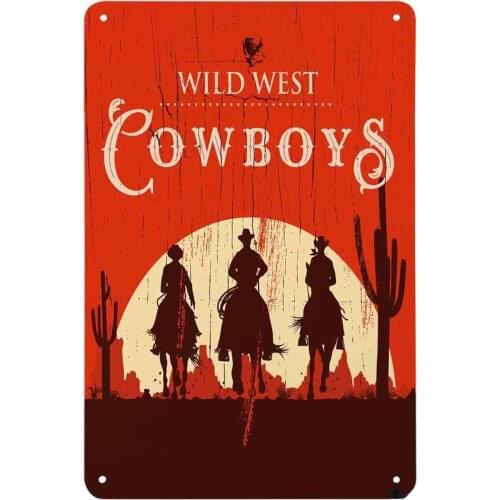 Cowboy Tin Sign Vintage Western Cowboys Riding Horses Wooden Sign Rural Ranch Desert Sunset Vintage Metal Tin Signs for