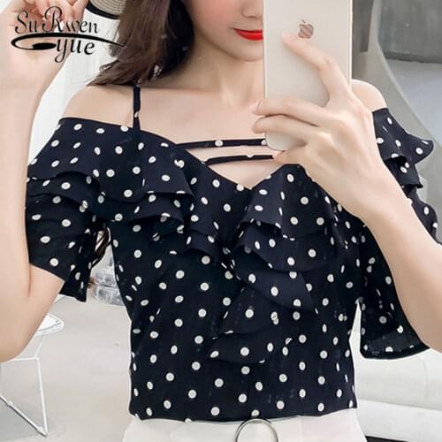 Fashion Woman Blouses 2021 Sexy Dot Chiffon Women Blouse Shirt Summer Short Sleeve Women Tops Blusas Feminine Blouses 0282 40