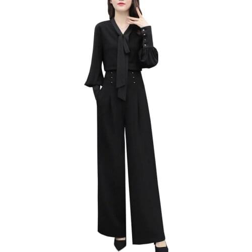 Fashion Spring Casual OL Women Tracksuit Ladies Shirts + High Waist Wide Leg Pants Suits Female Plus Size 3XL Two Piece Set F186
