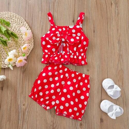 New Bontique Kids Girl Polka-dot Red 2pcs Clothes Set Straps Tops Shorts Pants Children Clothing Sunset Outfit for Little Girls