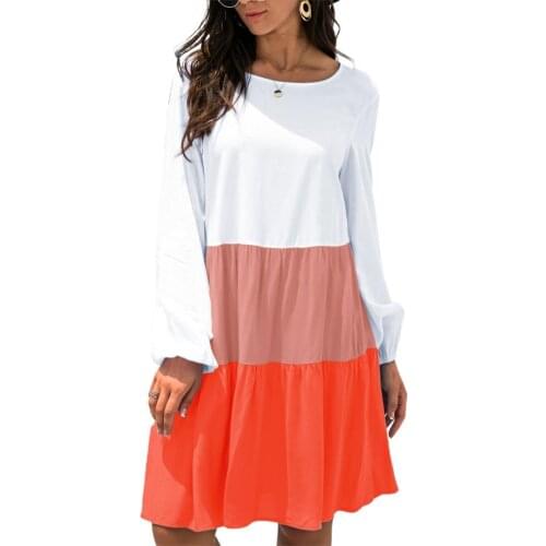 Plus Size Women Dress Summer Autumn Contrast Color Patchwork Sundress Long Sleeve O Neck Ruffles Dress