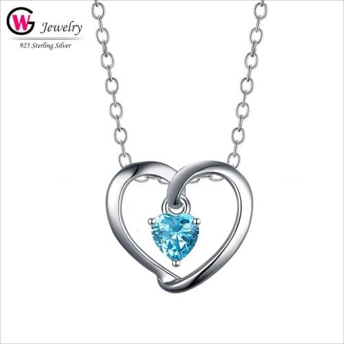 Classic 925 Women Silver Necklace Heart Pendants CZ Sky Blue Stone Love Gift Necklaces Silver Mujer Anniversary Jewelry