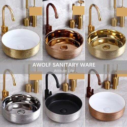 Art Bathroom Sinks Ceramic Vessel Washing Basin Bowl Brushed Rose Gold Golden Matte Black White Grave Retro Luxury Basin AM890