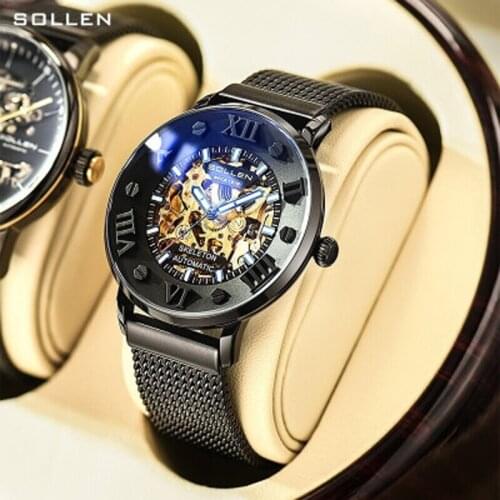 SOLLEN Fashion Luxury Men Mechanical Watch Automatic Skeleton Analog Watch Slim Mesh Steel Band Watch Waterproof Mens Watch