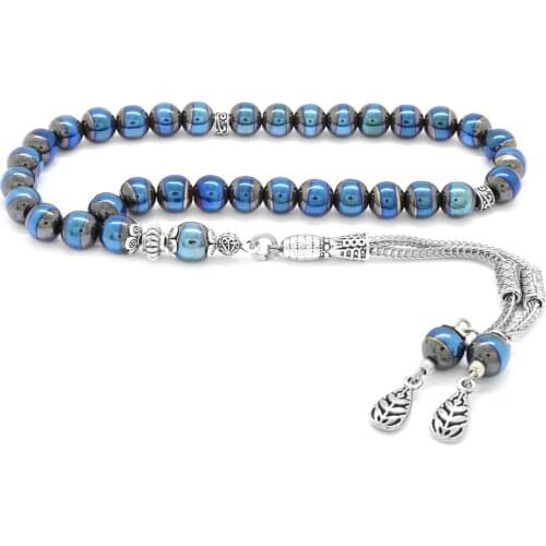 Tesbihane Tarnish Metal Tassels Sphere Cut Colorful Hematite Natural Stone Rosary