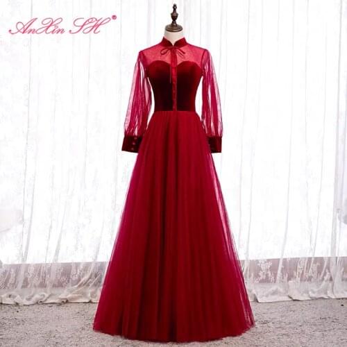 AnXin SH princess wine red lace evening dress vintage party high neck long sleeve little bow illusion bride evening dress