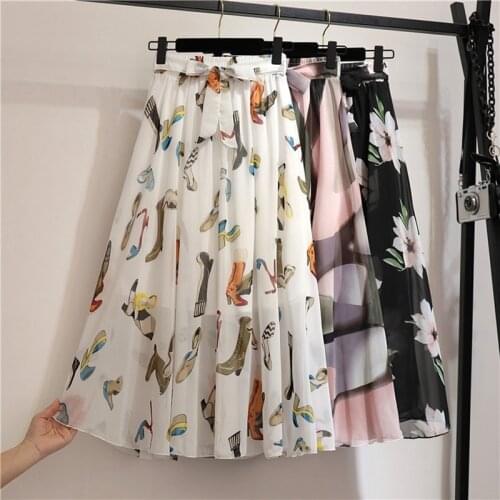 GIGOGOU printing Long A Line Skirt Women For Spring Summer 2021 High Waist Sun School Midi Chiffon Pleated Skirt