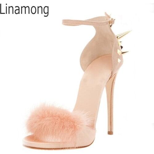 Sexy Women Real Rabbit Fur Spike Rivets Studs Cover Heel Sandals Buckle Strap Stiletto High Heels Summer Street Outfit Shoes
